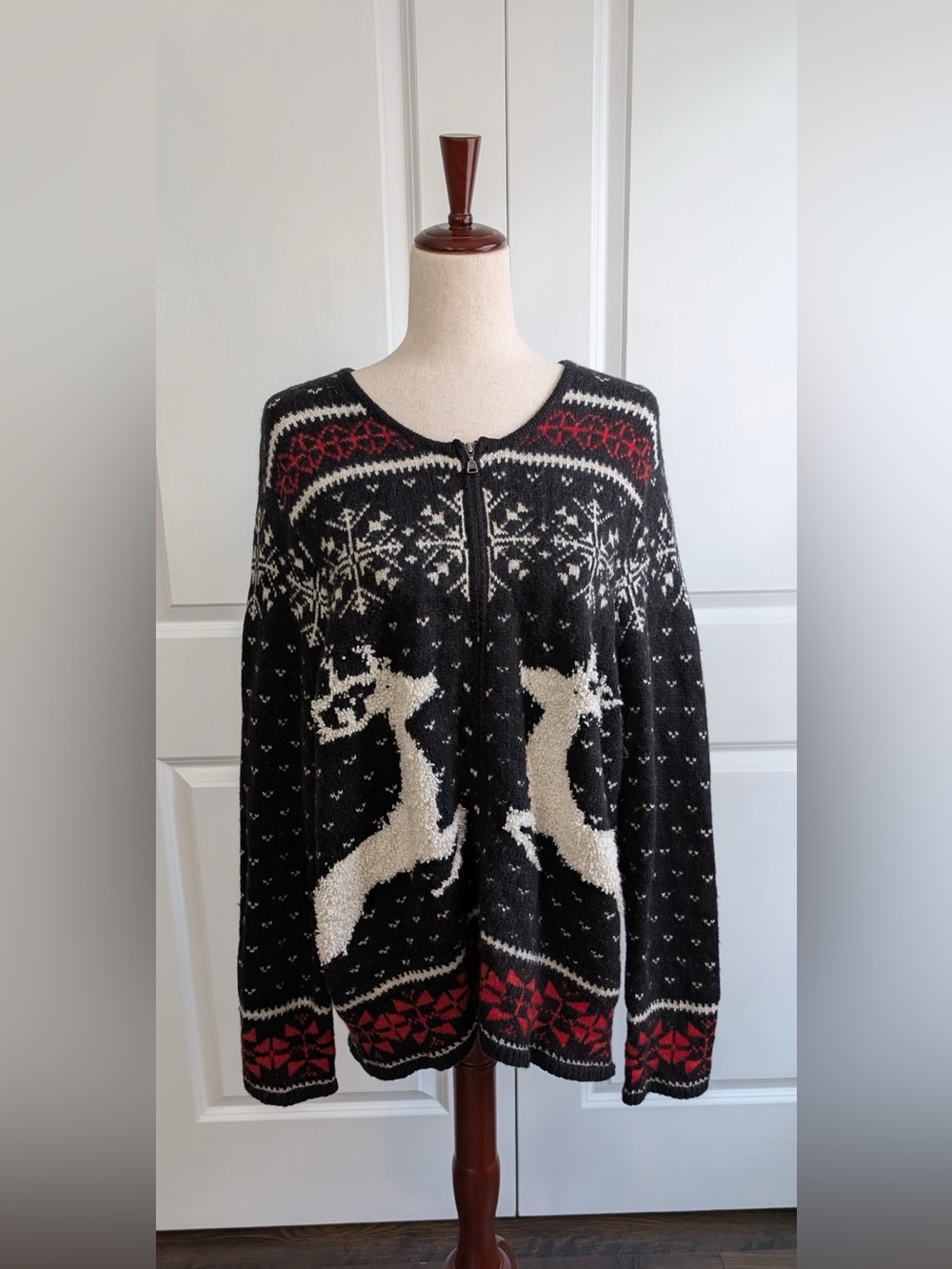 J. Jill Reindeer Fair Isle Snowflake Full Zip Up Sweater Holiday Size Large